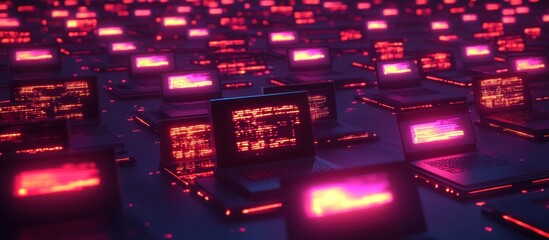 Glowing screens of countless laptops in a futuristic data center.