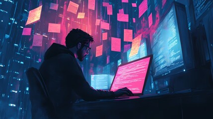 Young male programmer surrounded by floating notes and vibrant computer screens in a dark urban environment, captivated by coding and digital creativity