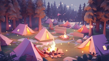 Wall Mural - A camping spot, with soft colored tents, burning campfires and a serene natural backdrop.