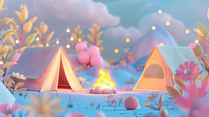 Wall Mural - A camping spot, with soft colored tents, burning campfires and a serene natural backdrop.