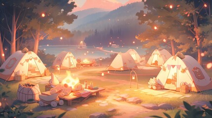 Wall Mural - A camping spot, with soft colored tents, burning campfires and a serene natural backdrop.