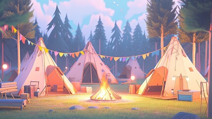 Wall Mural - A camping spot, with soft colored tents, burning campfires and a serene natural backdrop.