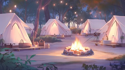 Wall Mural - A camping spot, with soft colored tents, burning campfires and a serene natural backdrop.