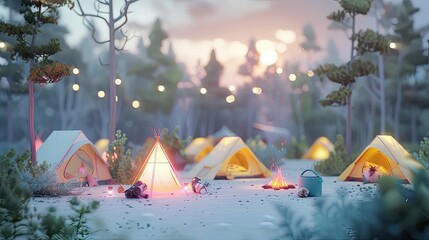 Wall Mural - A camping spot, with soft colored tents, burning campfires and a serene natural backdrop.