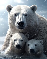 Wall Mural - Polar bear mother with two cubs in snowy water.