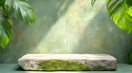 Leinwandbilder - Natural stone table with moss indoor plant environment minimalist design aesthetic