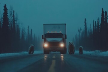 Wall Mural - Polar bears walk on a road at night, a truck approaches.