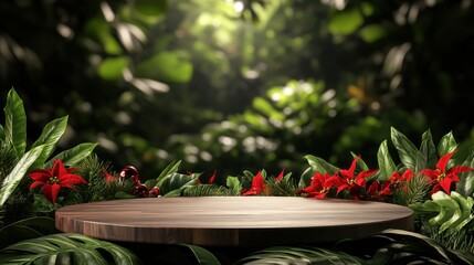 Poster - Lush greenery and wooden platform tropical jungle nature scene close-up serenity