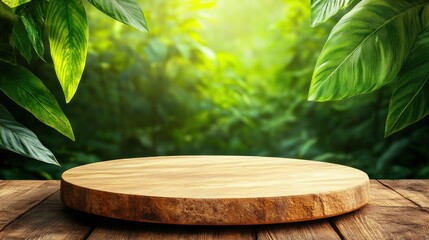 Poster - Wooden display platform surrounded by lush greenery nature photography outdoor tranquility