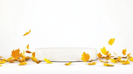 Poster - Autumn leaves falling on white platform nature scene minimalist environment