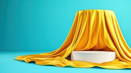 Leinwandbilder - Unveiling the golden fabric draped over a white pedestal studio setting minimalist concept