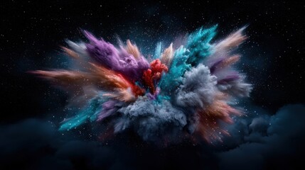 Wall Mural - A vibrant explosion of colors and clouds against a dark background, creating a visually striking cosmic effect.