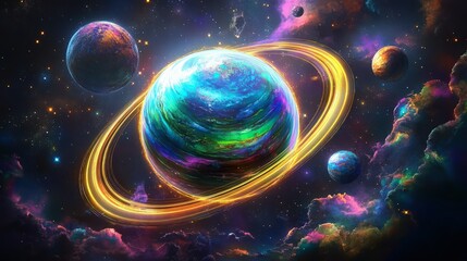 Wall Mural - a surreal space environment with a giant iridescent planet at the center, reflecting colors of blue,