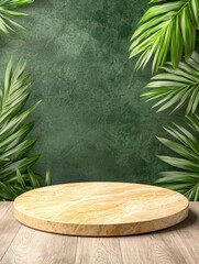 Leinwandbilder - Natural green background with wood platform studio setting product photography aesthetic