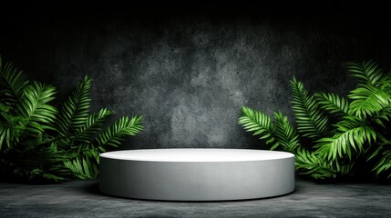 Poster - Modern display stage surrounded by lush greenery in an urban studio environment