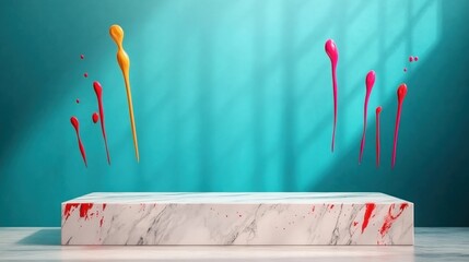 Aufkleber - Creative paint splashes on marble surface art studio photography colorful setting abstract concept
