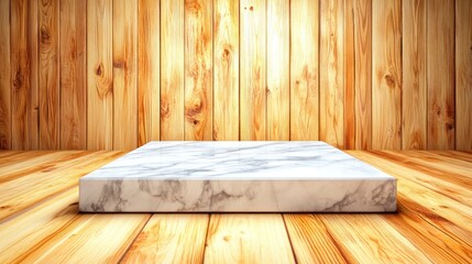 Leinwandbilder - Showcase of elegant marble surface on warm wooden background studio setting minimalist style