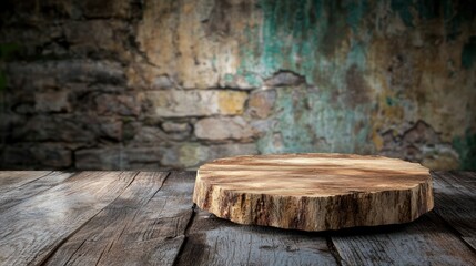 Poster - Rustic wood slice showcase vintage stone background still life natural setting close-up view artisanal concept