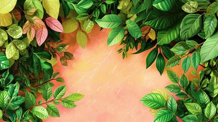 Poster - Vibrant green leaves surrounding warm peach background nature digital art serene atmosphere