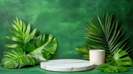 Poster - Creative greenery display with marble base indoor photography calm environment aesthetic appeal