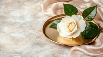 Aufkleber - Elegant white rose on gold plate home decor still life soft background serenity
