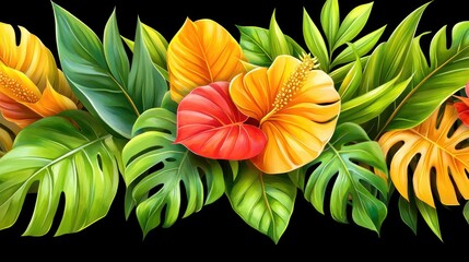 Poster - Vibrant tropical leaves and flowers nature scene botanical art tropical environment