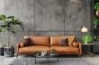© PERFECTisME - A modern living room with a brown leather sectional sofa. a coffee table. and a gray concrete wall The room is decorated with several lamps. pillows. and plants