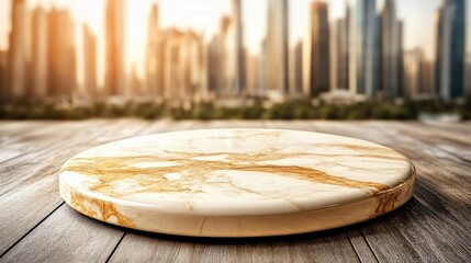 Leinwandbilder - Modern marble table urban cityscape product display sunlit environment close-up view