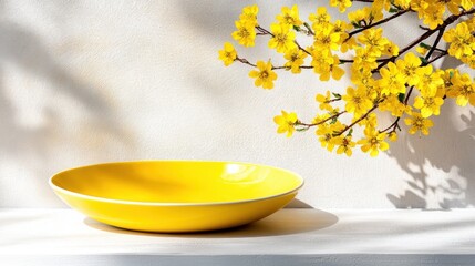 Poster - Vibrant yellow plate with blossoming flowers bright interior food photography minimalist view