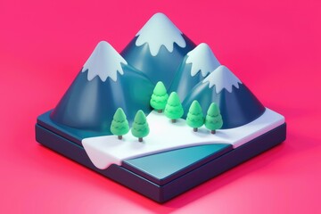 Poster - Cartoonish 3D rendering of snow capped mountains and evergreen trees on a pink background