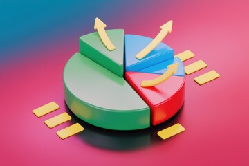 Poster - 3D render of a colorful pie chart with upward pointing arrows  illustrating growth and progress