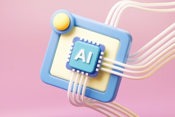 Poster - 3D render of AI chip with connecting cables  symbolizing artificial intelligence technology