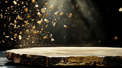 Aufkleber - Explosive gold dust rising from rustic wood surface studio photography dark atmosphere close-up