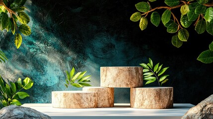 Poster - Natural decor arrangement with wooden stumps and greenery indoor setting modern aesthetics