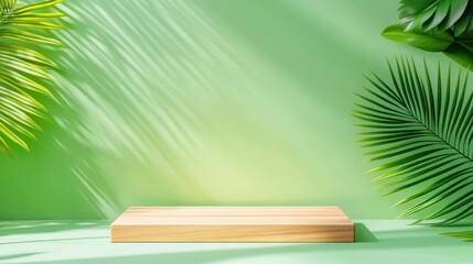 Leinwandbilder - Natural green background with wooden surface indoor setting product photography bright vibes