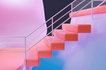 Fototapete - Abstract 3D rendering of pastel pink and orange staircase with white railing