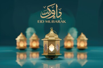 Aufkleber - Eid Mubarak greeting with illuminated golden lanterns on teal background