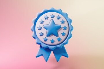 Aufkleber - A 3D render of a blue badge with a star and ribbon  signifying achievement or reward