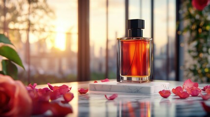 Poster - Elegant fragrance bottle urban sunset product photography floral arrangement aesthetic appeal