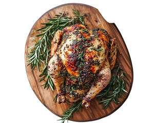 a whole chicken with herbs on a wooden board