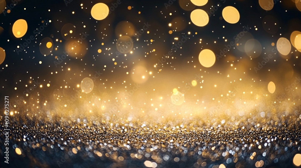 Magical golden bokeh lights sparkle against a dark background, creating ...