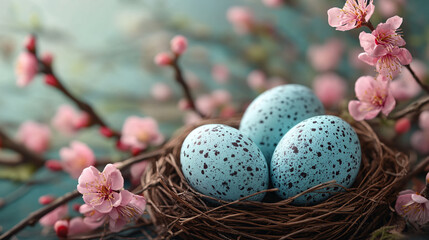 Wall Mural - Close-up of beautifully colored Easter eggs nested among flowers