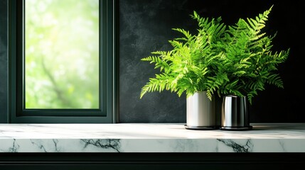 Aufkleber - Indoor fern arrangement on marble countertop in modern kitchen greenery and elegance