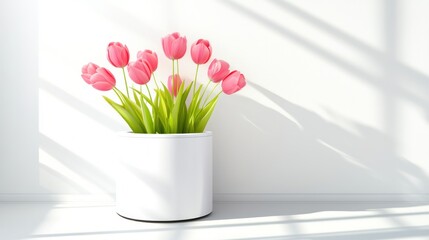 Aufkleber - Bright pink tulips in white pot modern interior floral decor minimalist environment