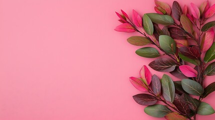 Wall Mural - Vibrant Arrangement of Colorful Leaves Against Soft Pink Background Suitable for Nature, Decor, and Aesthetic Themes in Graphic Design and Art Projects