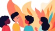 © mangolovemom - A vibrant illustration showing four diverse children engaged in conversation with colorful flames in the background.