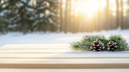 Wall Mural - winter forest scene with pine cones and evergreen branches on a snow-covered table, illuminated by g
