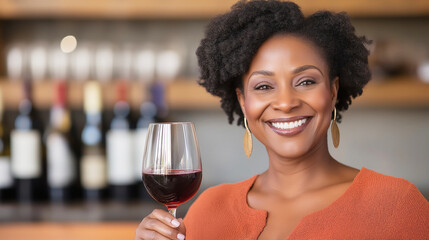 Cheerful sommelier enjoying a glass of red wine at a winery or wine shop