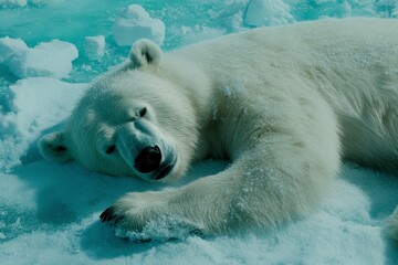 Wall Mural - Resting polar bear on snow-covered ice.