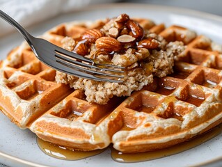 Wall Mural - A delicious waffle topped with nuts and syrup, ready to be enjoyed for breakfast.